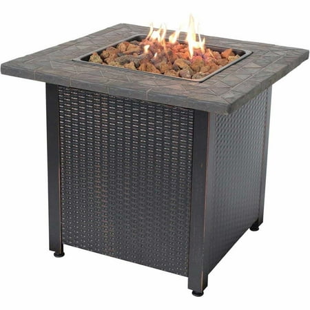Endless Summer 30 Inch Square 30,000 BTU LP Gas Outdoor Fire Pit Table with Mosaic Resin Mantel, Steel Wicker Design Base, and Lava Rock, Black