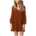thumbnail image 2 of WNEGSTG Women's Babydoll Dresses Casual V-Neck Flutter Long Sleeve Dress Dating Party Mini Dress Brown, 2 of 7