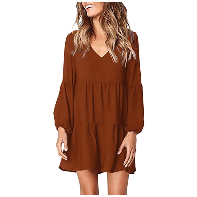 Prolriy Robe à Manches Longues pour Femmes, Robes pour Femmes Col en V Soirée Robe Maxi Robes pour Femmes Marron m