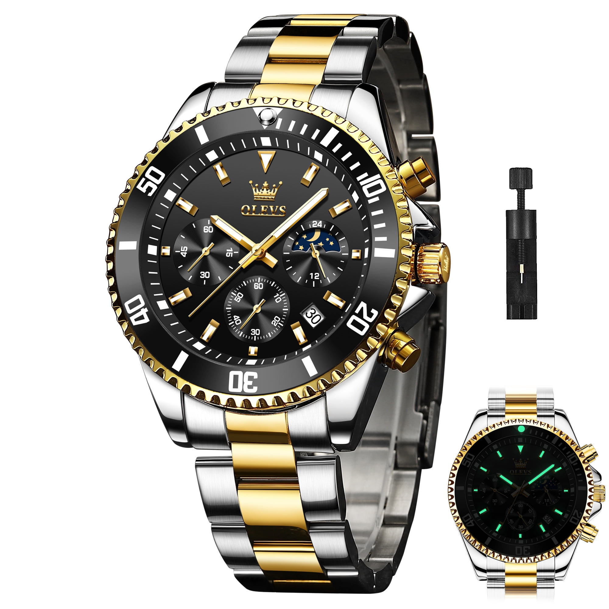 OLEVS Watches for Men Luxury Analog Quartz Chronograph Business Dress Gold Plated Stainless Steel Moon Phase Waterproof Luminous Date Casual Mens Wrist Watches Reloj Para Hombre