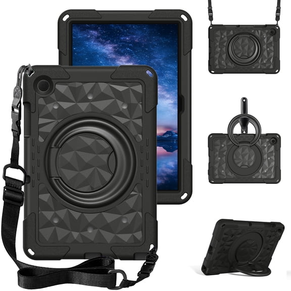 Dteck Case for Samsung Galaxy Tab A11 8.7 Inch 2025 (X133/X135)/A9 2023 (X110/X115/X117),Shockproof EVA 360 Rotating Kickstand Hand Grip Silicone  PC Case Cover with Shoulder Strap,Black