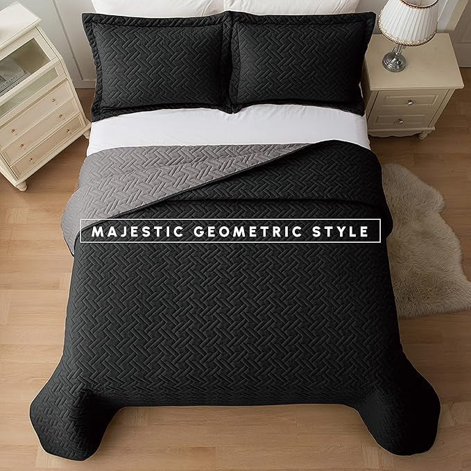 Elegant Comfort 3-Piece Quilted Reversible Bedspread Coverlet Set with Pillow Shams, Exquisite Majestic Stitching All Season Heavy Weight - Ultra Soft Premium Quilt- Full, Black/Gray