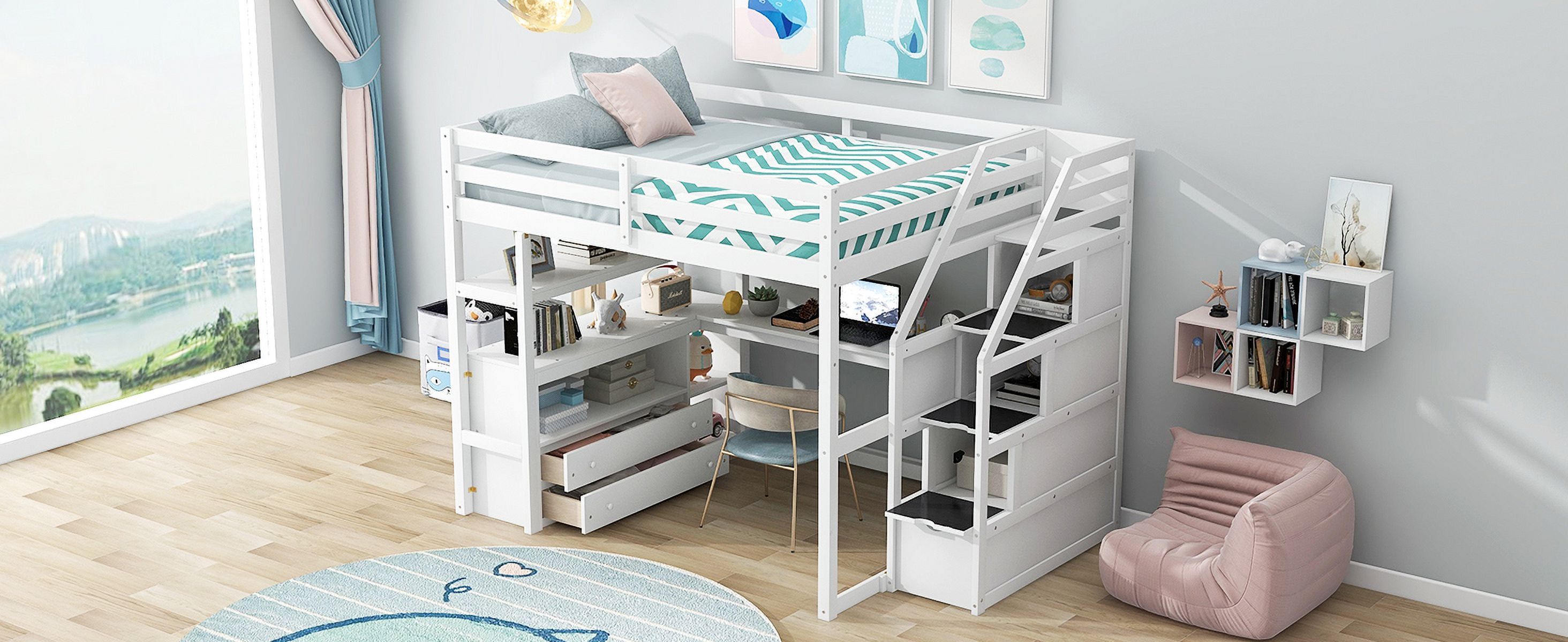 MAYEERTY Full Size Loft Bed - Desk, Shelves, 2 Built-in Drawers, Storage Staircase, White