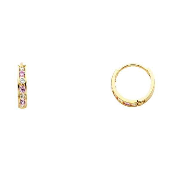 Solid 14k Yellow Gold CZ Huggie Hoops Earrings Round Pink Huggies CZ Pave Polished Finish Small 12 mm