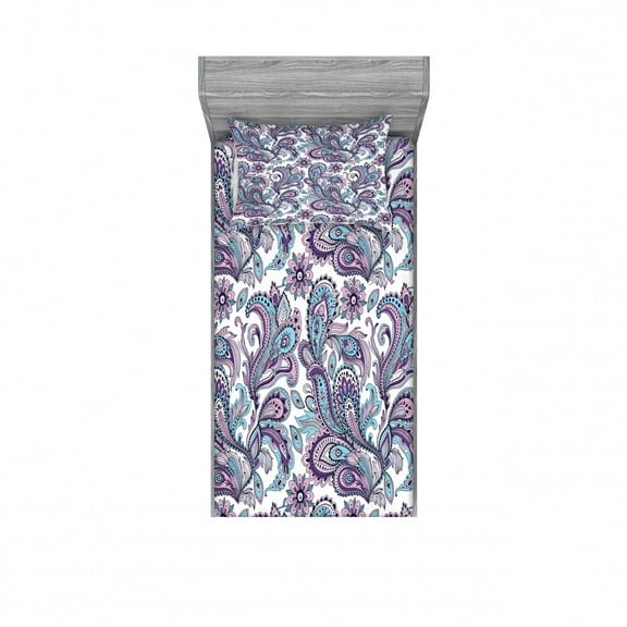 Paisley Fitted Sheet & Pillow Sham Set, Blue and Purple Flowers Leaves Floral Pattern Bohemian Style Country Print, Decorative Printed 2 Piece Bedding Decor Set, Twin, Purple Blue, by Ambesonne