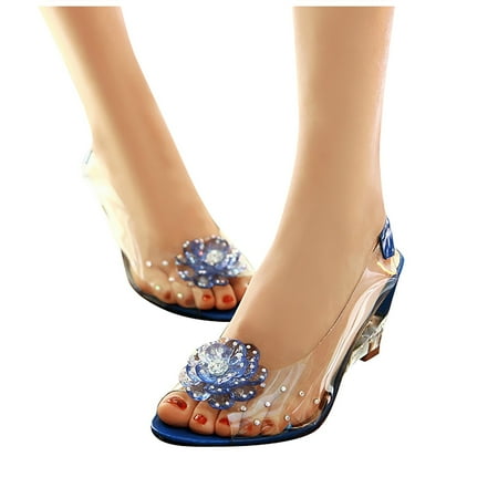 CHOII 50% Clearance Women s Ladies Sweet Fashion Wedges Crystal Flower Peep Toe Sandals Shoes High-heeled Sandals Transparent Upper  Bloom your Beauty Ankle Strap Sandals Comfort Sandals Blue/6