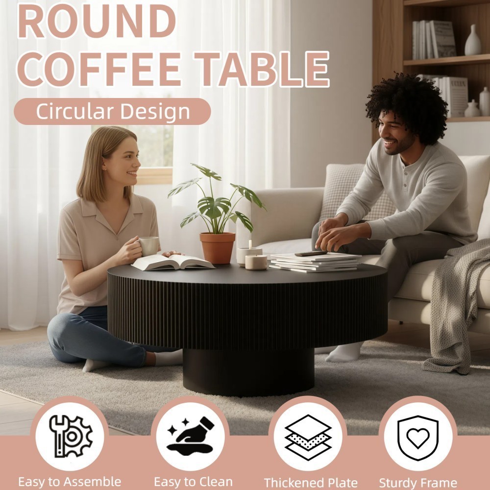 Round Fluted Coffee Table, Modern Pedestal Coffee Table for Living Room, Mid Century Modern Side Table, Small Space Accent Table, Black