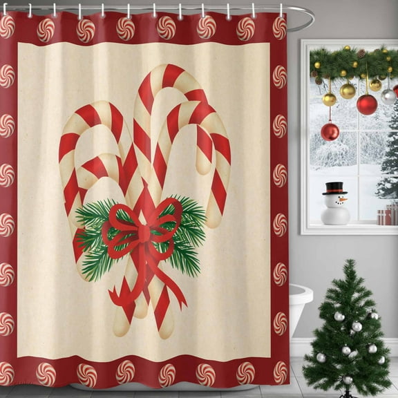 Christmas Candy Cane Shower Curtains for Bathroom, Red Beige Candy Winter Pine Branch Waterproof Fabric Shower Curtain for Bathroom Bathtub Decoration, Machine Washable, 72"x72"