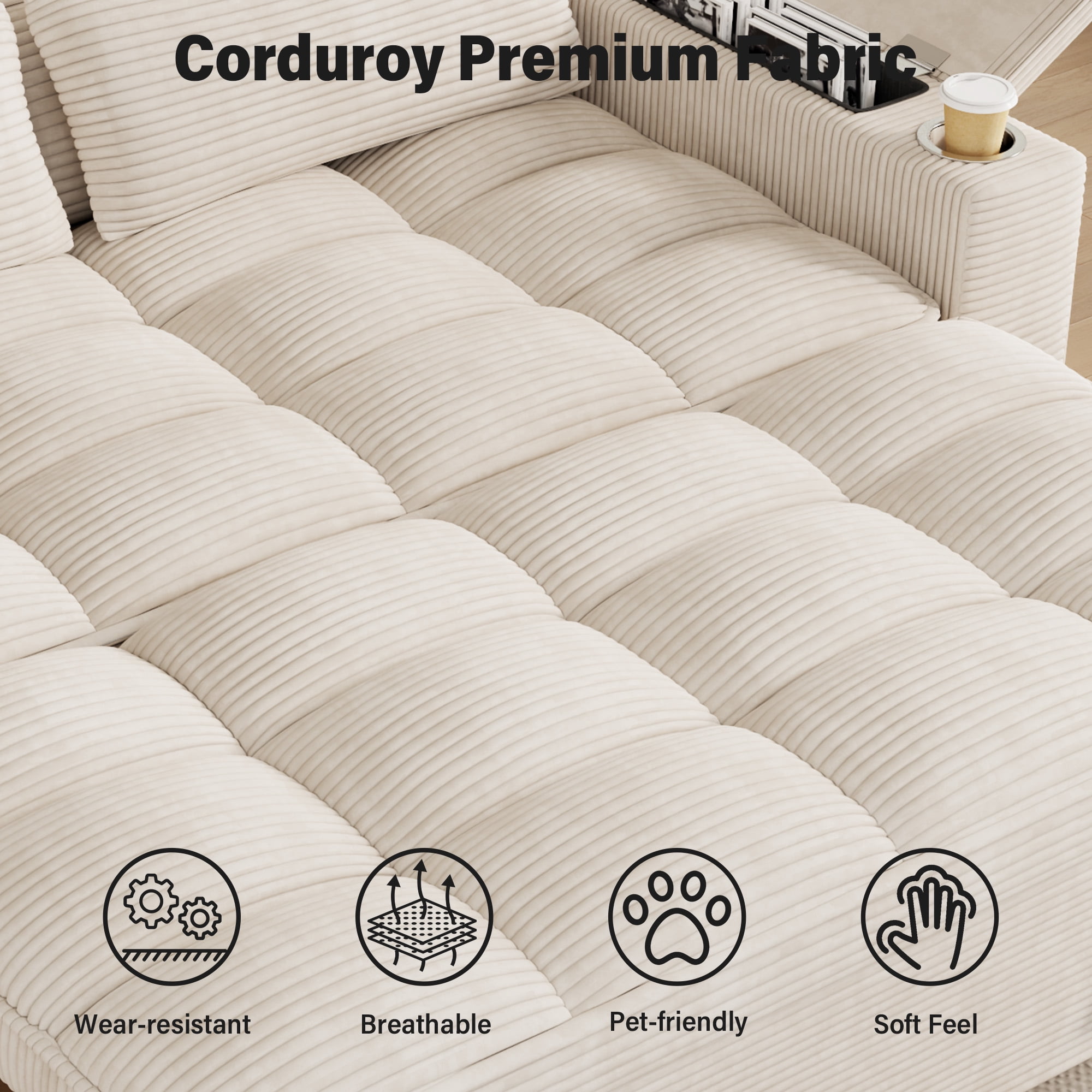 Aukfa 65"W Convertible Sofa Bed with Storage, 3-in-1 Corduroy Queen Sleeper Sofa Couch with 360° Swivel Side Table & USB /Type-C Ports,Beige