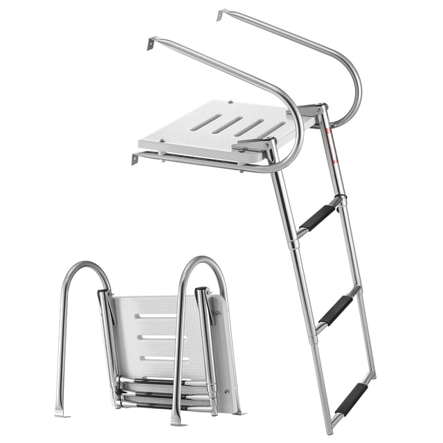VEVOR Boat Ladder, 3 Steps, Stainless Steel Telescoping Folding Swim Deck Ladder for Rear Entry Inboard, 400 lbs Capacity with Wide Anti-Slip Steps & Handrails, for Outboards, Yacht, Pontoon Boats