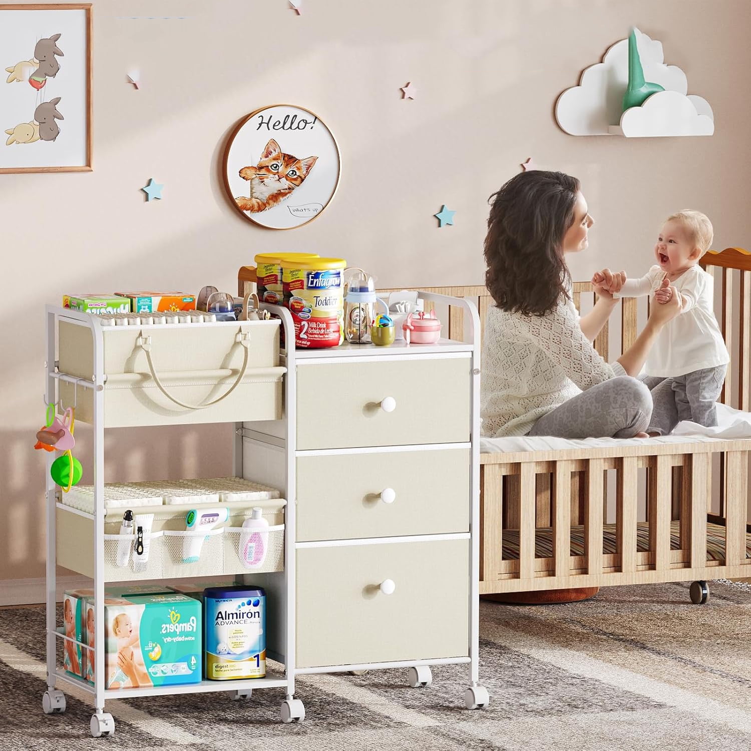 Gofinoday 2-in-1 Baby Diaper Caddy Organizer, 3-Tier Rolling Nursery Cart with Removable Caddy, Dividers, Drawers and Lockable Wheels, White