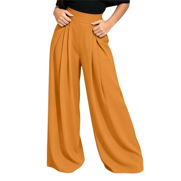 XuJwPNcy Women Palazzo Pants Wide Leg Baggy Flowy Pants Comfort Soft Pleated Front Vacation Trousers(Yellow,X-Large)