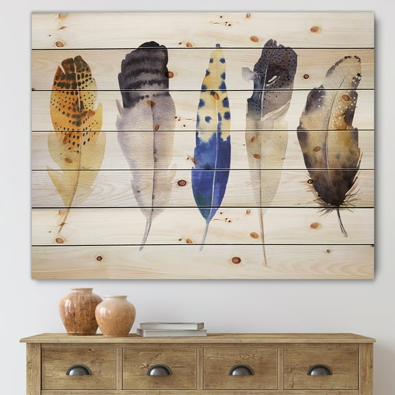 Designart 'Colourful Boho Art Feather Set I' Bohemian & Eclectic Print on Natural Pine Wood