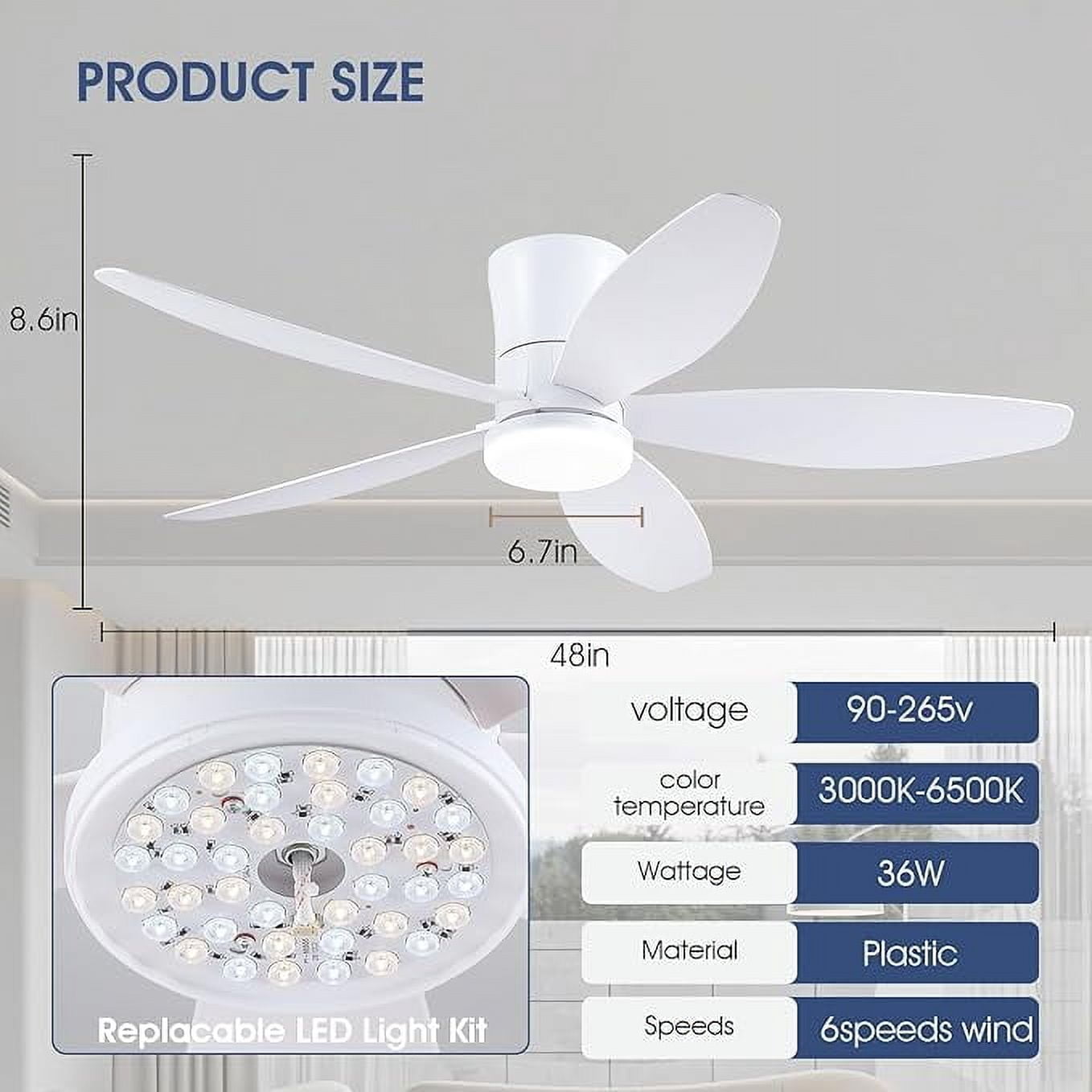 48" White Low Profile Ceiling Fan with Lights, Remote/APP Control, DC Reversible Motor, LED Dimmable Light, Flush Mount Ceiling Fan for Bedroom, Living Room, Indoor/Outdoor Patio Use