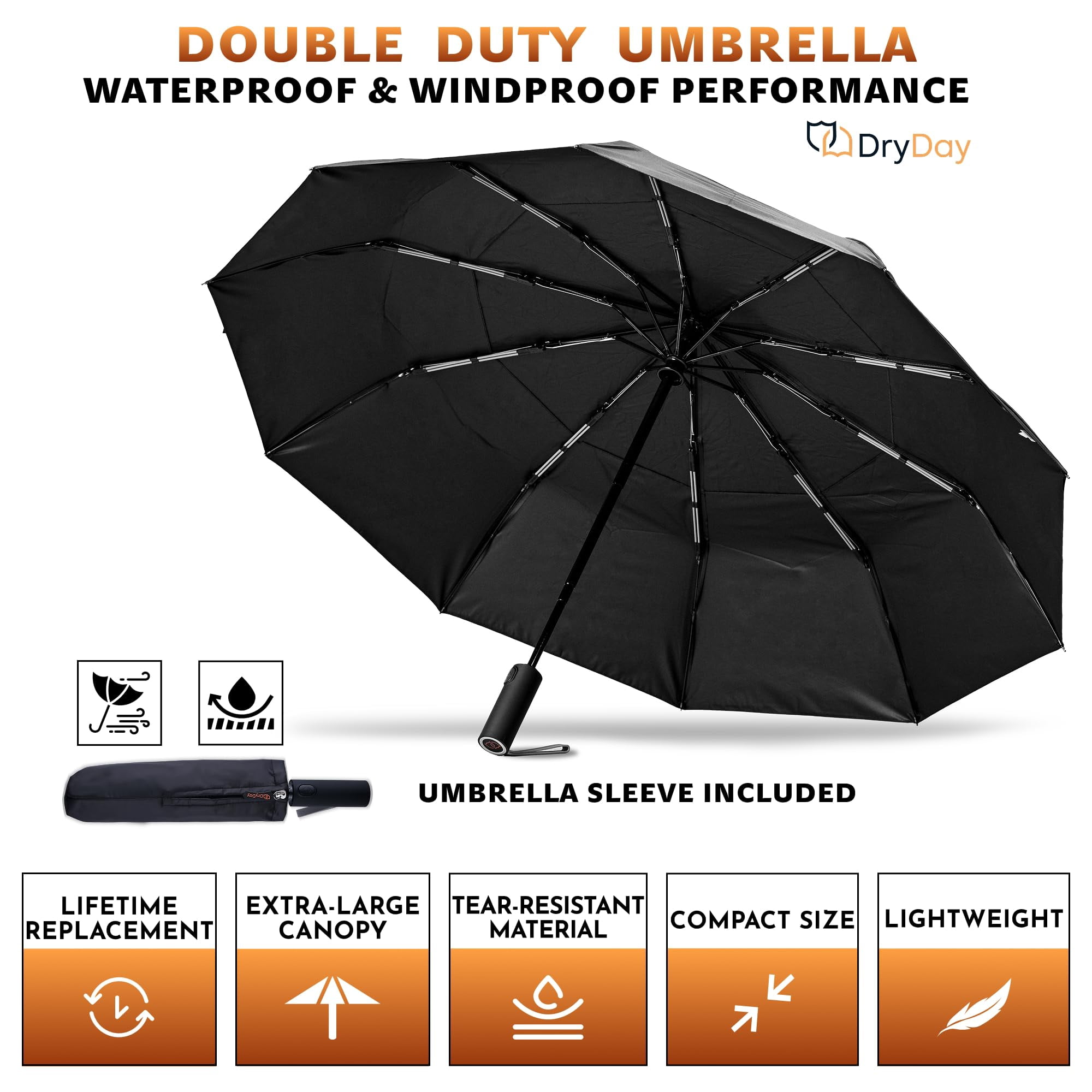 DryDay 46" Travel Umbrellas for Rain - Large Windproof Double Canopy Umbrella, 10 Durable Ribs, Strong Frame, Auto Open Close Ergonomic Handle, Compact Waterproof Umbrella for Women & Men, Black