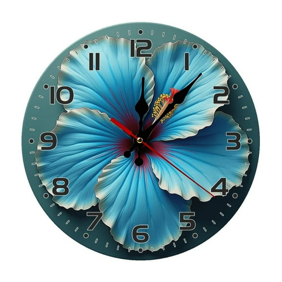 Hibiscus Flower Blue Wall Clock 10 Inch Silent Non Ticking Round Clock Decoration for Living Room Kitchen Bedroom Bathroom Office Classroom