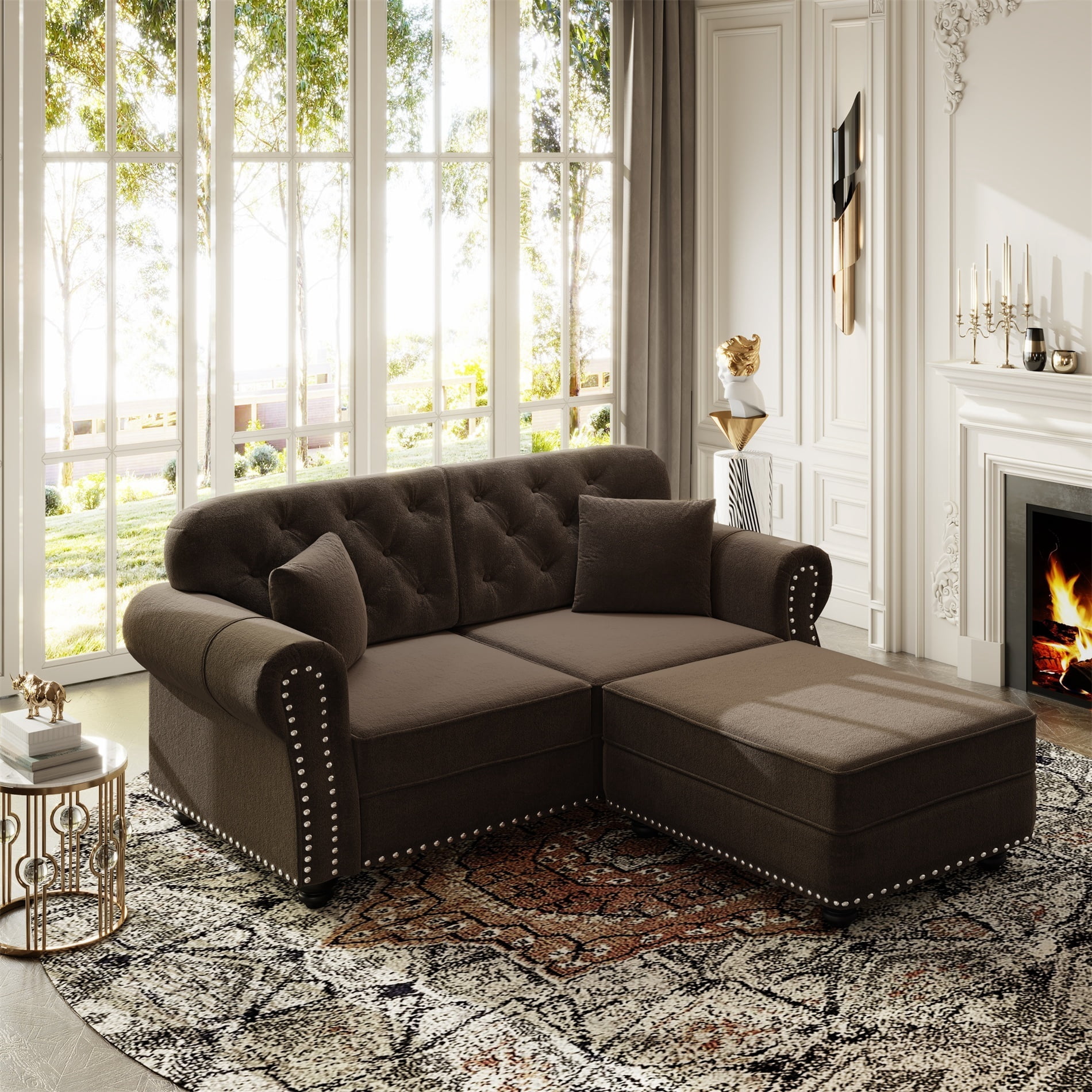 Alvantor 63" Loveseat sofa with Ottman, Upholstered Velvet Couch with Nailhead Trim and Rolled Armrests, Mid-Century Modern Sofa for Living Room Brown