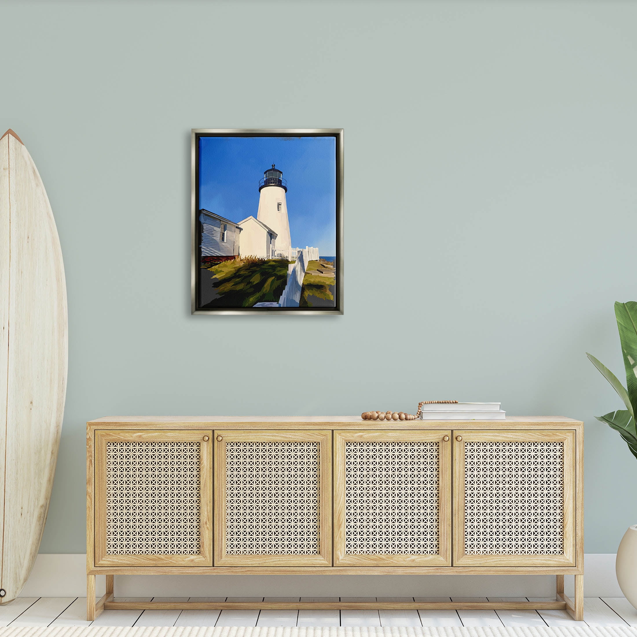 Stupell Industries Coastal Lighthouse Clear Blue Sky Graphic Art Luster Gray Floating Framed Canvas Print Wall Art, Design by Emily Kalina