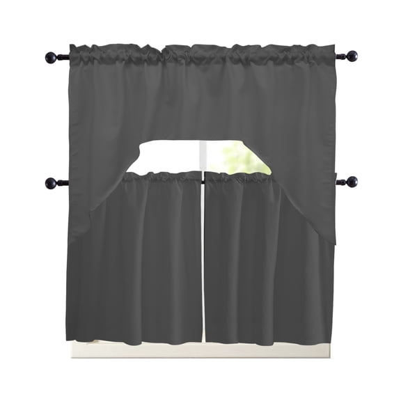 Dark Gray Swag Valance and Tier Curtains Set Solid Color Kitchen Curtains 3 Piece Set Rod Pocket Panels for Bedroom Cafe Swag Valances and 24 inches Tiers