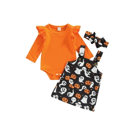 

EYIIYE Baby Girl Halloween Solid Color Long Sleeve Romper and Pumpkin Ghost Print Suspender Skirt with Hairband 3PCS Set 0-18 Months