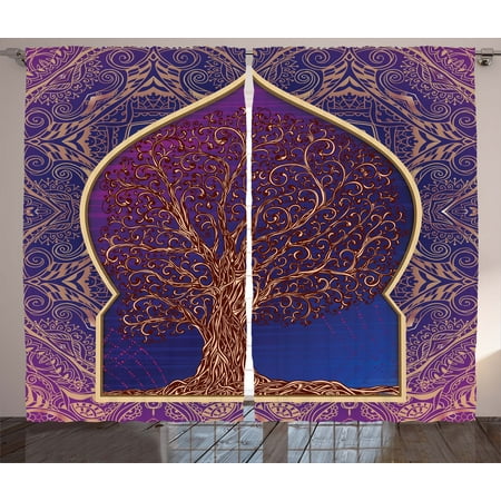Indian Curtains 2 Panels Set, Tree with Curved Leafless Branches Middle Eastern Moroccan Arch Retro Art Design, Window Drapes for Living Room Bedroom, 108W X 90L Inches, Purple Blue, by