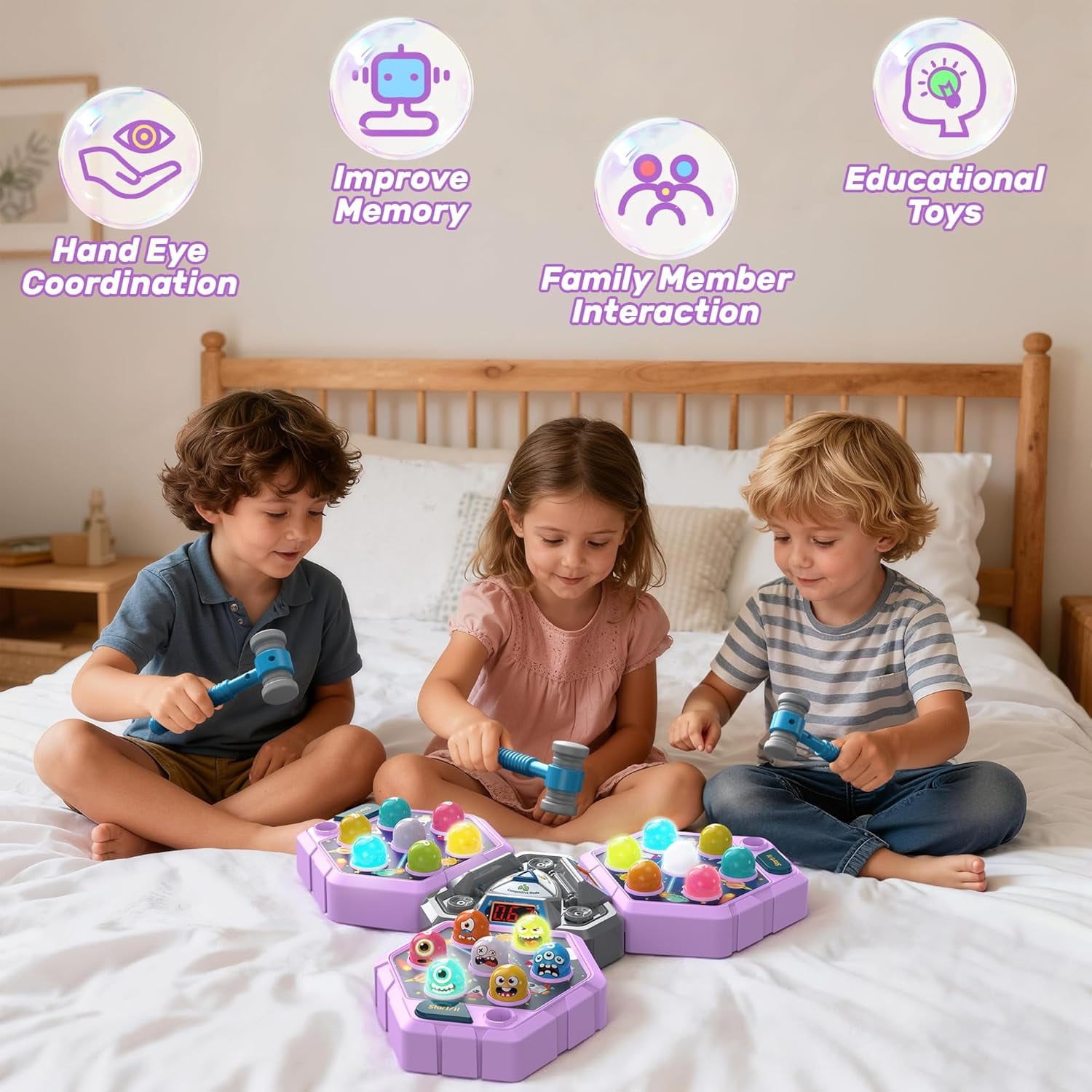 3-Player Whack Game Mole Toy , Early Learning Toy with Lights & Sounds, Interactive Pounding Hammer Toy with 3 Game Modes, Perfect for Families