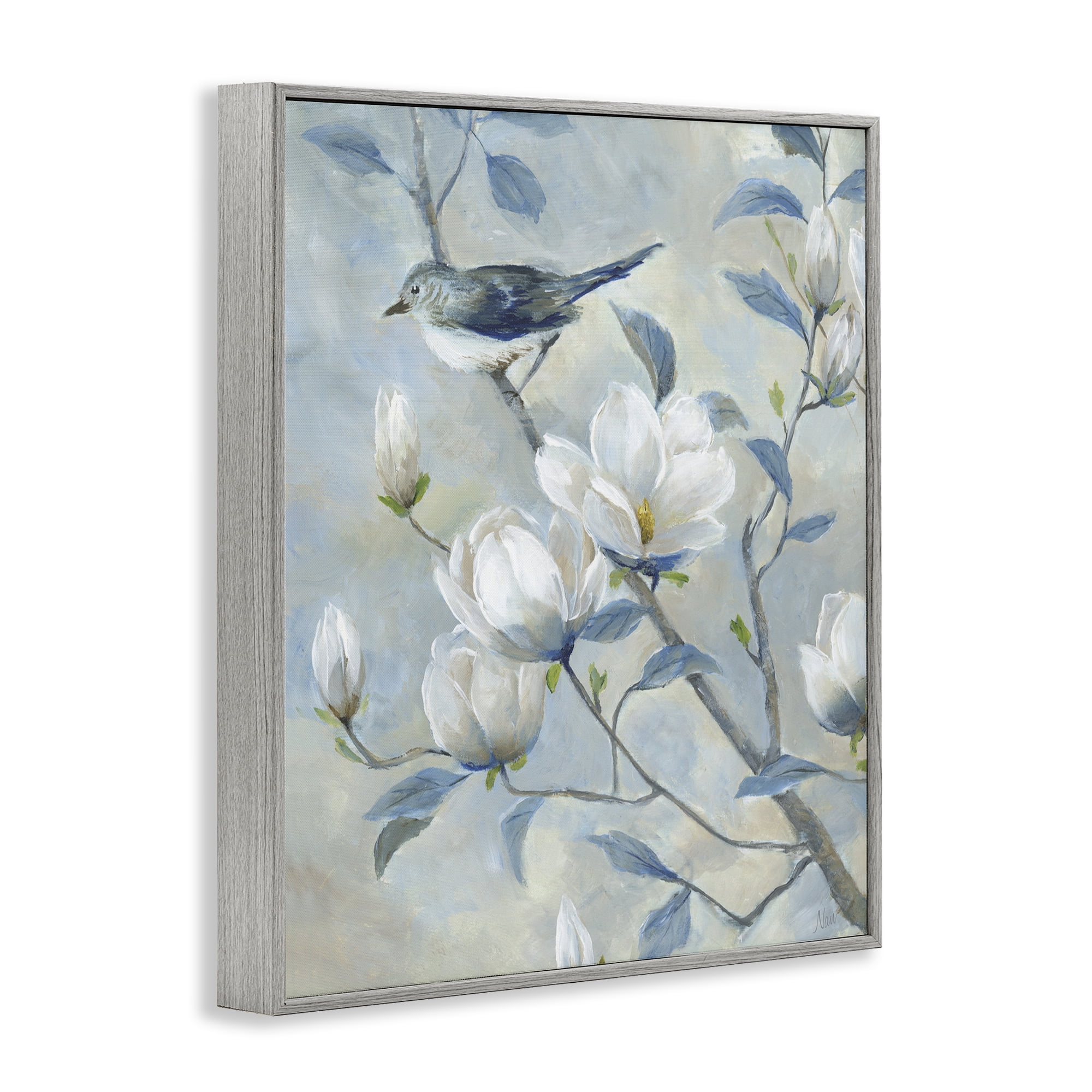 Stupell Industries Blue Bird in Magnolia Tree Gray Framed Giclee Art, design by Nan
