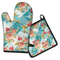 Pioneer Flower Floral Print Pattern Kitchen Oven Mitt and Pot Holder Sets 2 Pcs for Baking, Cooking and Grilling, Heat Resistant Up To 392 °F
