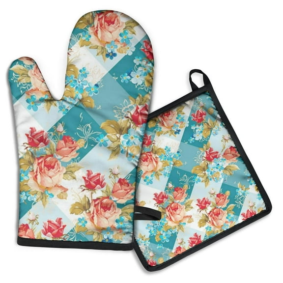 Pioneer Flower Floral Print Pattern Kitchen Oven Mitt and Pot Holder Sets 2 Pcs for Baking, Cooking and Grilling, Heat Resistant Up To 392 °F