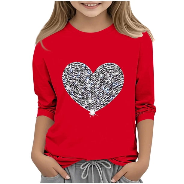 Blusas y camisas de cuello redondo y manga larga para niños, blusas/camisas de poliéster con estampado de corazones, mangas 3/4 y cuello redondo, elegantes e informales.
