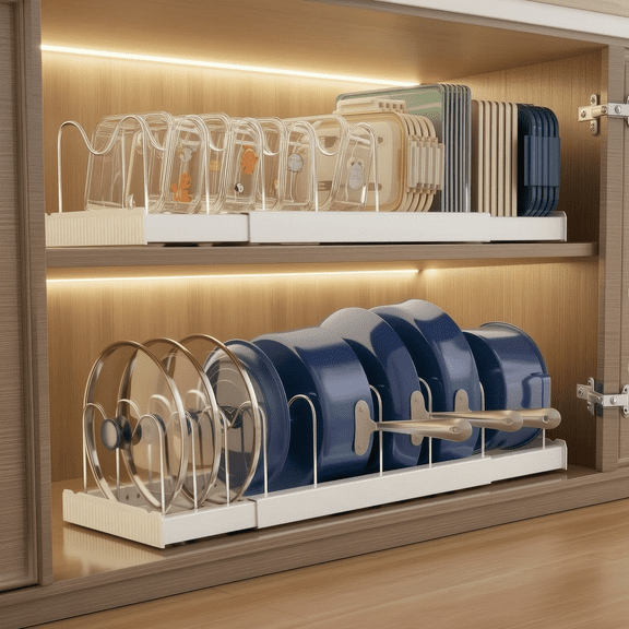 2 Pack Pots and Pans Organizer Under Cabinet, Expandable Pot Pan Lid Holder with 9 Adjustable Dividers for Kitchen Cabinet, Cookie Sheet & Cutting Board Storage Rack, White