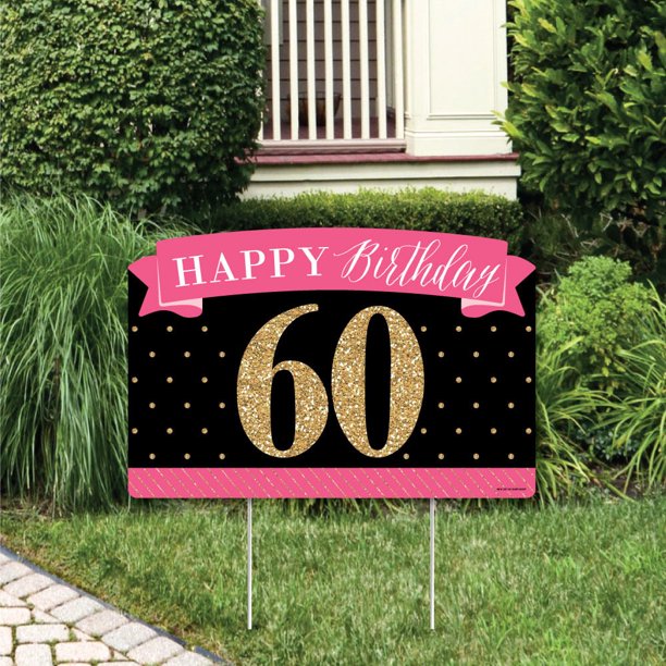Chic 60th Birthday Pink, Black and Gold Birthday Party Yard Sign
