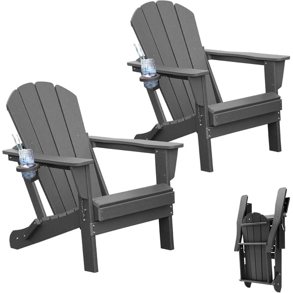 Set of 2 Gray Plastic Adirondack Chairs, Folding Outdoor Lawn Patio Deck Chairs w/ Cup Holder, Durable HDPE Material for Fire Pit Seating