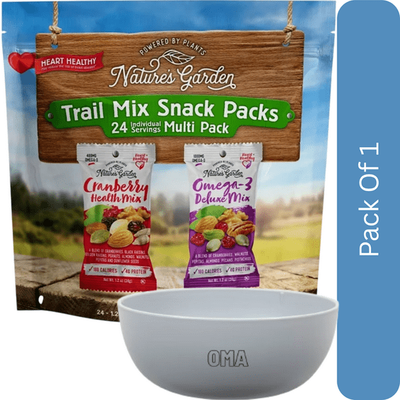 Nature’s Garden Trail Mix Snack Packs, 1.2 oz, 24 ct, With Olive White Bowl By OMA