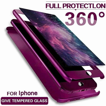 Dteck 360 Degree Full Body Protective Slim Phone Case With Front Tempered Glass Screen Protector, For iphone 7 / iPhone 8, purple