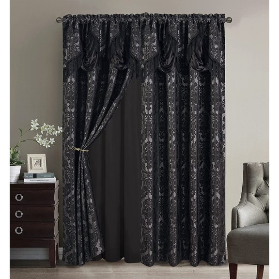 Sapphire Home Fancy Jacquard Window Drape Curtain Panels Set with Attached Valance, Sheer Backing, 2 Tassels, Elegant Damask Floral Pattern, Drape set for Living & Dining Rooms, Scarlett, 95, Black