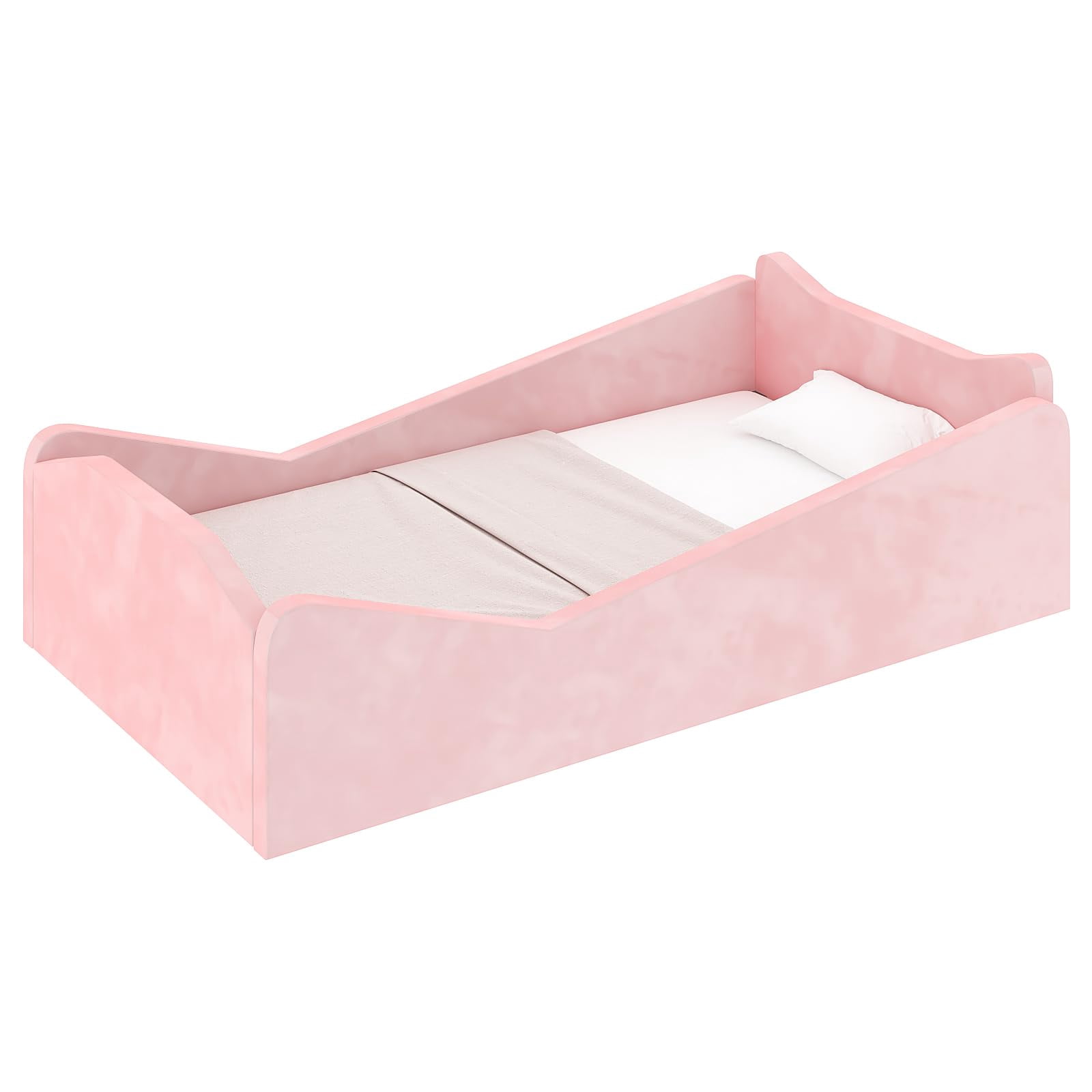 Zimtown Wood Bed, Floor Bed with Safety Guadrail, Montessori Bed with Soft Velvet Wood Bed, Mattress not Included (Pink)