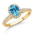 thumbnail image 2 of Gem Stone King 10K Yellow Gold Swiss Blue Topaz and White Lab Grown Diamond Halo Engagement Ring for Women (1.31 Cttw, Gemstone November Birthstone, Oval Checkerboard 7X5MM), 2 of 4