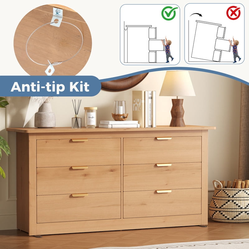 Gianna Dresser for Bedroom with 6 Drawers 59 Inch Chest of Drawers Wooden Dressers for Closet Living Room，Wood