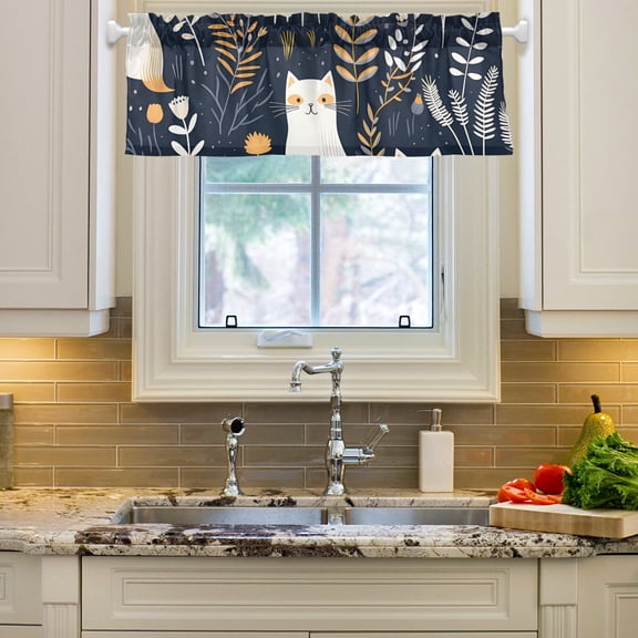 White Cats Flowers Leaves Curtain Valances Farmhouse Design Window Treatment Decor Blackout Rod Pocket for Windows Living Room Kitchen 54" x 18"