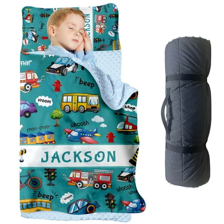 AOLOA Custom Name Toddler Nap Mat Transportation Theme with Road Signs Cozy Sleeping Bag Blanket for Kids Ideal for Kindergarten Daycare Home Travel and Naptime