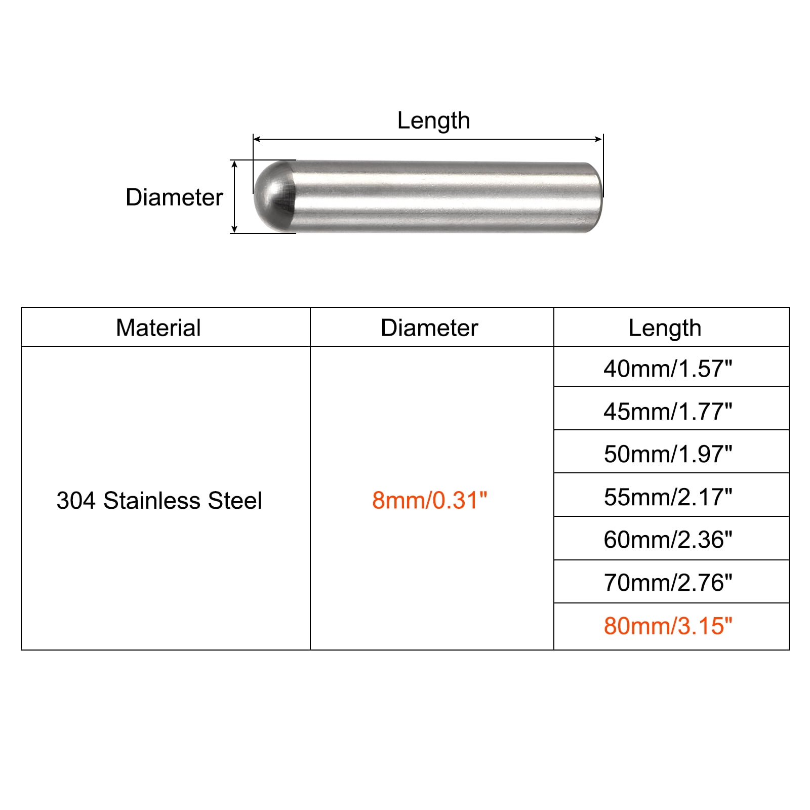 8x80mm Dowel Pins, 20pcs 304 Stainless Steel Round Head Flat Chamfered End Dowel Pin Bunk Bed Pins Shelf Pegs Support Shelves Fasten Elements
