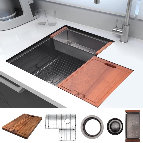 Strictly Sinks 30” Workstation Corner Kitchen Sink – Black Single Bowl 16 Gauge Stainless Steel Sink