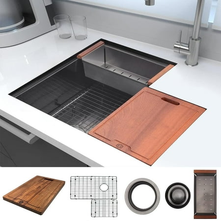 Strictly Sinks 30" Workstation Corner Kitchen Sink - Black Single Bowl 16 Gauge Stainless Steel Sink