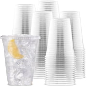 Large Party Plastic Cups with Straw-Slot Flat Lids 16 oz 100 Count - Crystal Clear Disposable Party Cups
