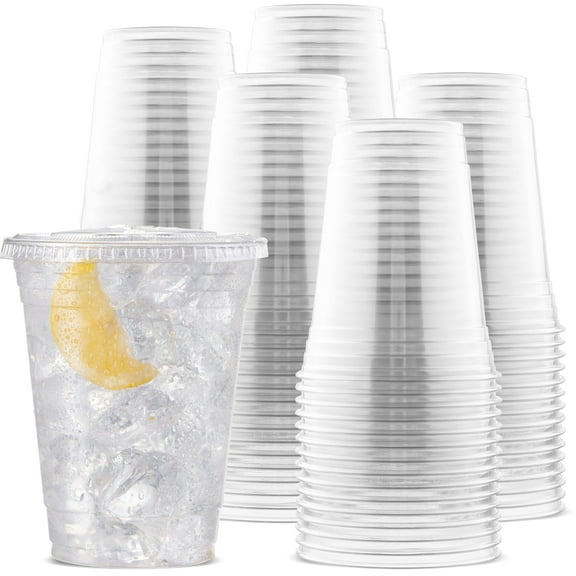 Large Party Plastic Cups with Straw-Slot Flat Lids 16 oz 100 Count - Crystal Clear Disposable Party Cups