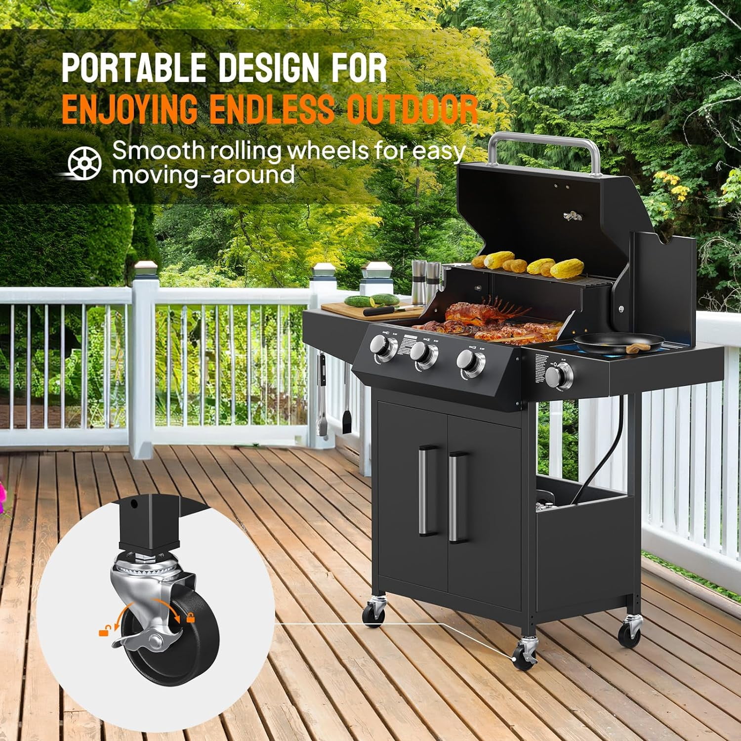 VINGLI 3 Burner Propane Gas Grill with Side Burner, 46,000BTU BBQ Grills with Enameled Cast Iron Grates, Shelf & Cabinet for Outdoor Garden Patio Backyard Barbecue Cooking