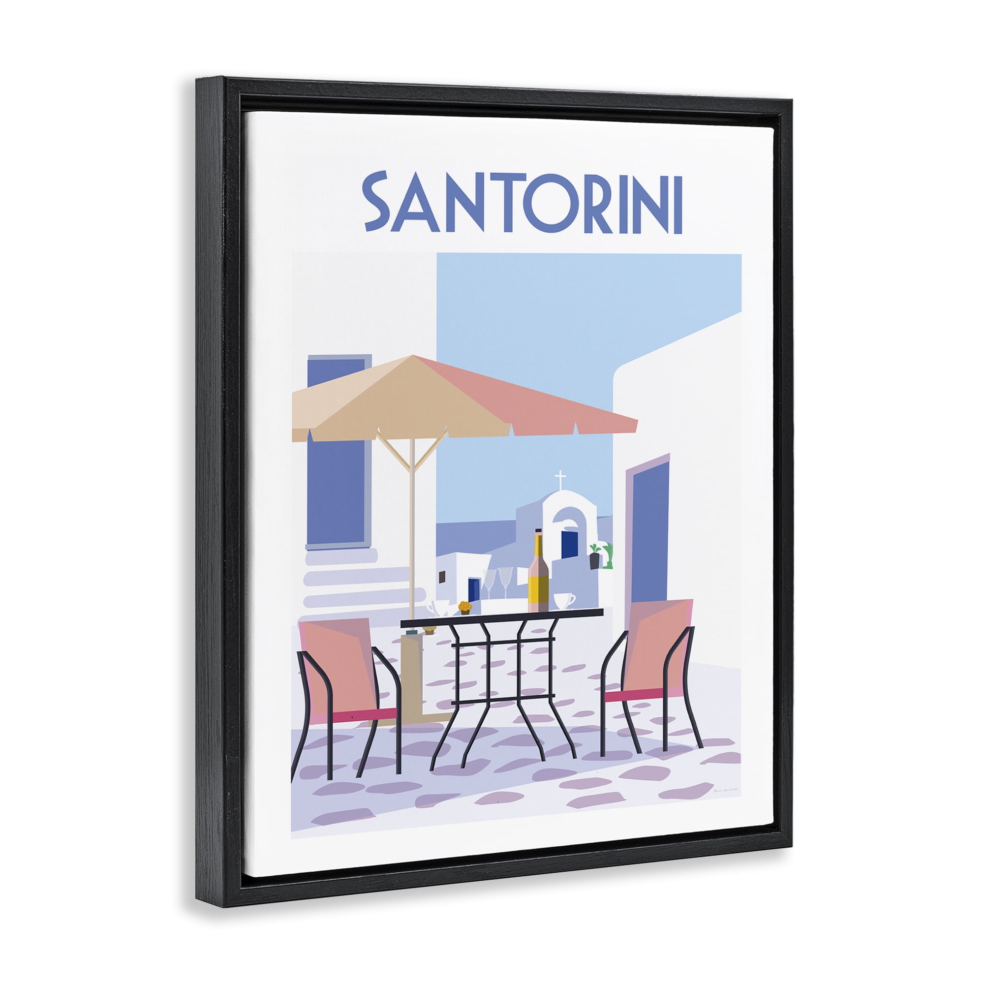 Stupell Industries Santorini Bistro Poster Scenic & Cityscapes Painting Black Floater Framed Canvas Art Print Wall Art, 17 x 21
