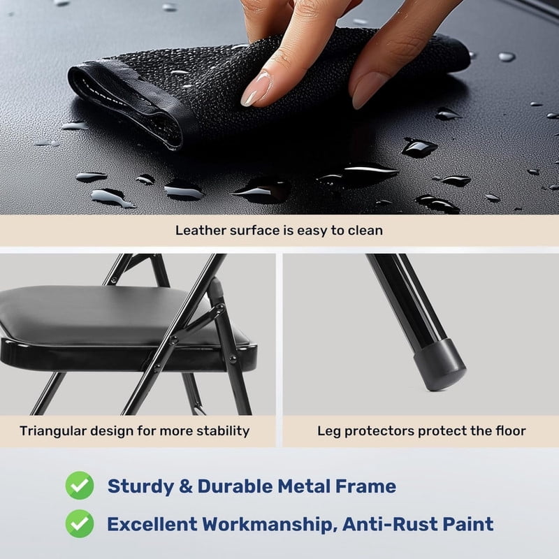 Kelno 2 Pack Folding Chair Leather Padded Seat Portable Chair, Black