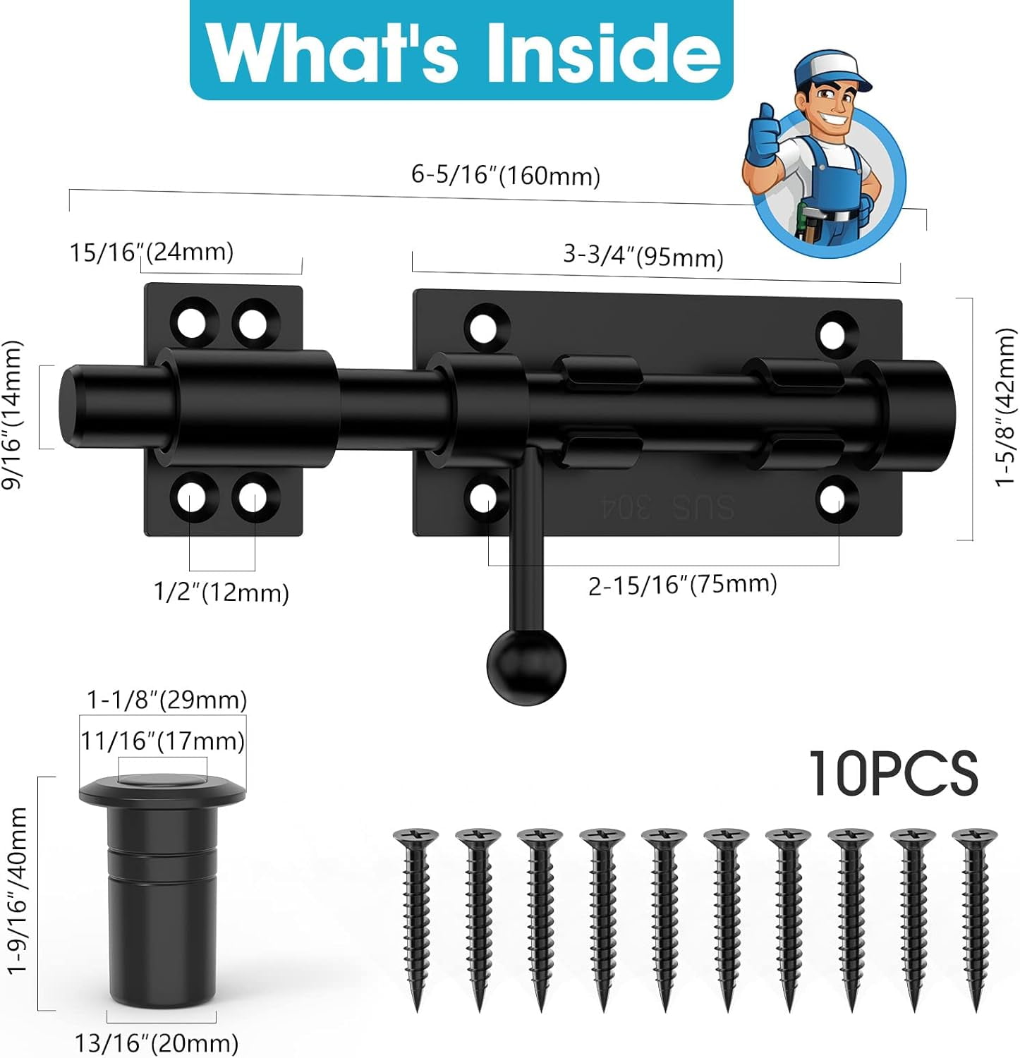 SONGAUN Slide Bolt Gate Latch Hardware, Barrel Bolt Latch, 6.3 Inch Heavy Duty Solid 304 Stainless Steel Black Finish Lock for Wooden Fence/Shed/Yard/Barn Door/Interior and Outdoor (Black)